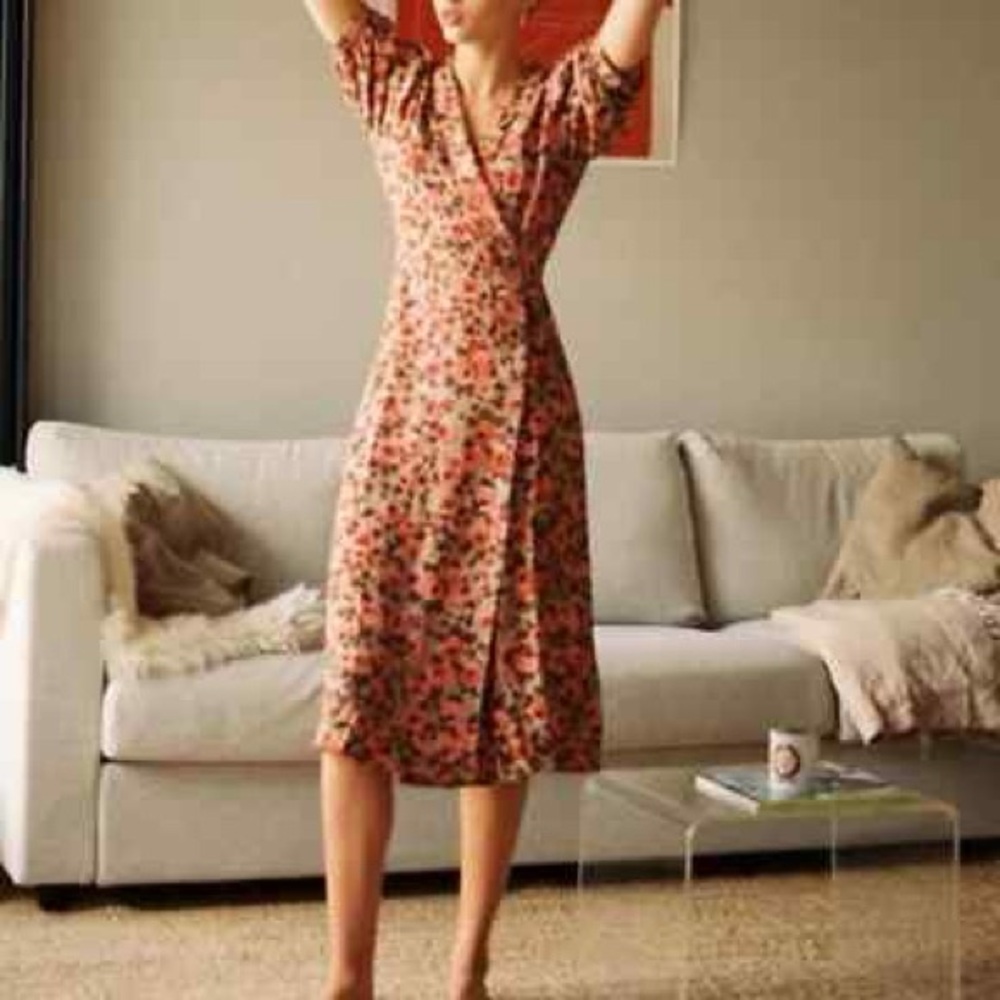 ROUJE Pink Tan Classic Retro Floral Printed Tea Rose Louisa Midi Wrap Dress 4/6 - Picture 3 of 14